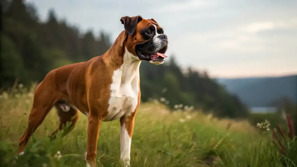 A muscular boxer dog stands alert in a grassy field. This breed is known for its stamina, but how fast should a boxer run 3 miles?