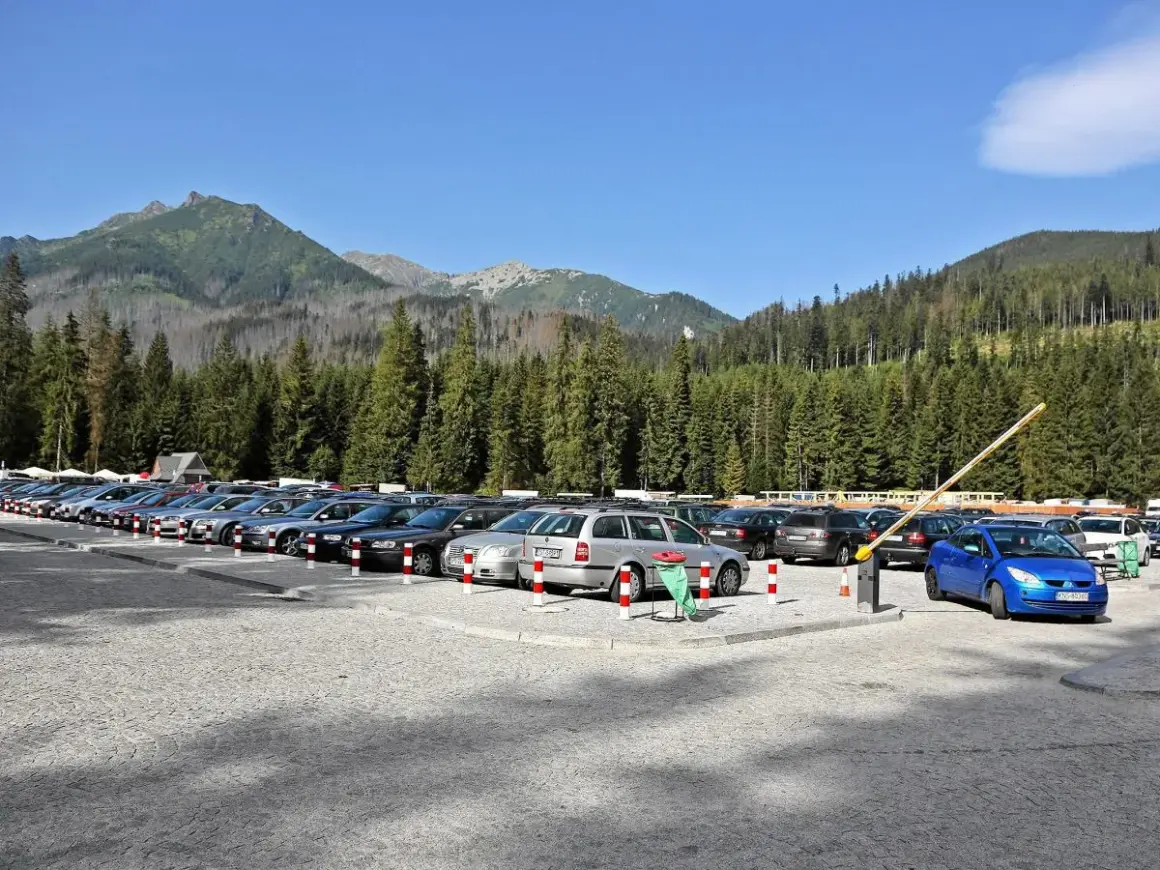 Parking Morskie Oko, cena za postój. Rząd samochodów na kamienistym parkingu, w tle las i góry.