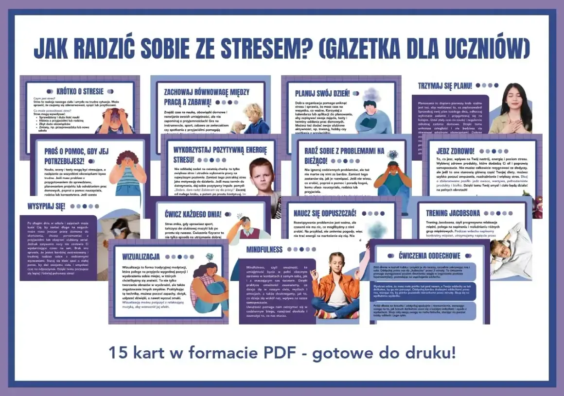 Jak radzić sobie ze stresem? Porady dla uczniów: planuj dzień, ćwicz, jedz zdrowo, wizualizuj, mindfulness, trening Jacobsona, ćwiczenia oddechowe.