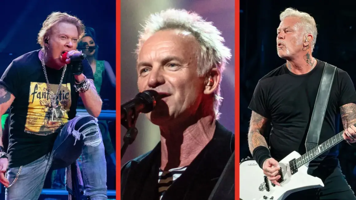 Trzy portrety muzyków: Axl Rose, Sting i James Hetfield na scenie.