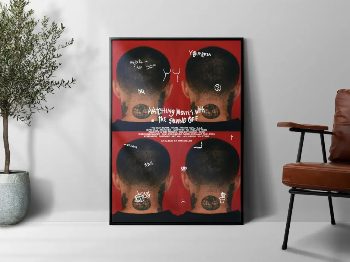 Plakat z albumem Mac Millera "Watching Movies with the Sound Off". Cztery zdjęcia tyłu głowy z tatuażami, napisy "Objects in the mirror", "YOUFORIA", "S.O.S.". Euforia w muzyce.
