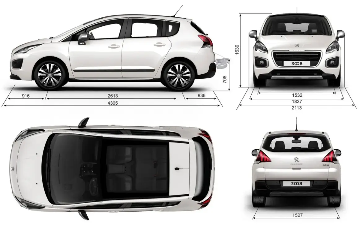 Biały Peugeot 3008 z 2010 roku widziany z przodu, boku, tyłu i z góry, z wymiarami.
