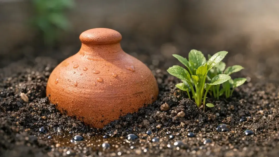 Olla en terre cuite arrosant un jeune plant. Le sol argileux, avec ses avantages et inconvénients, retient l'eau.