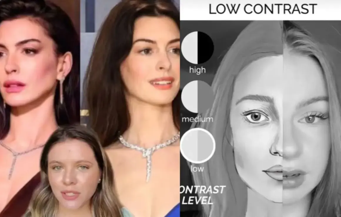 Anne Hathaway, avec son teint pâle, est montrée à côté d'une illustration de visage divisée, démontrant les niveaux de contraste.
