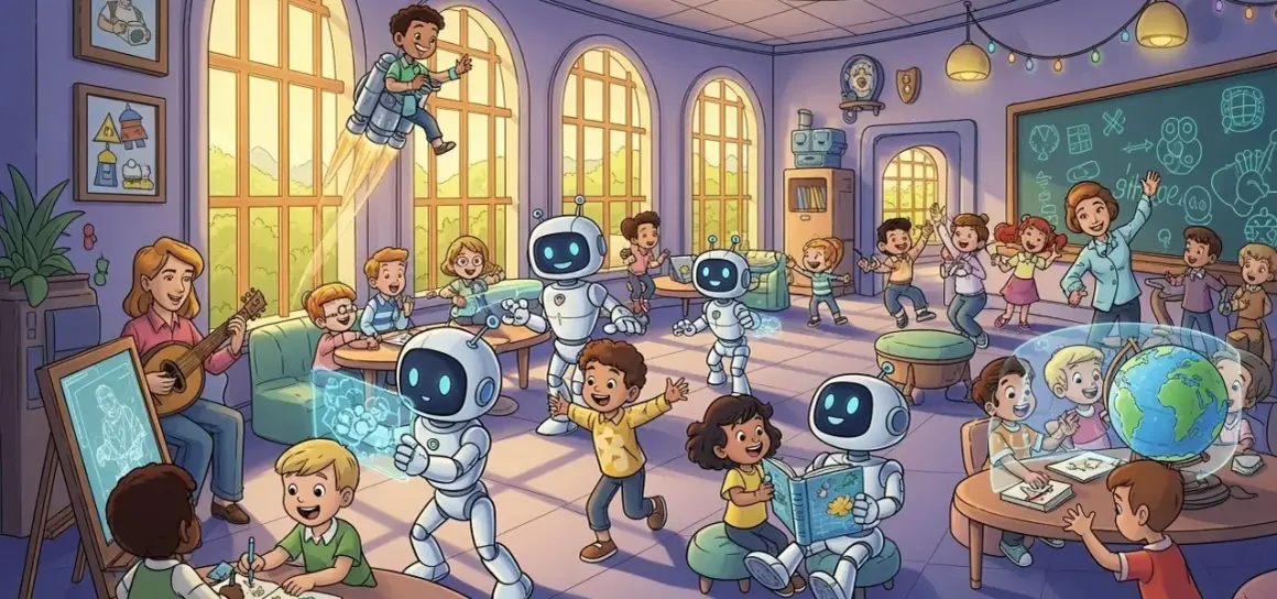 Kinder lernen in einer lebendigen Klasse mit Robotern und einer Lehrerin, die Gitarre spielt. Ein Junge fliegt mit einem Jetpack. Dies ist eine Vision der Schule in der Zukunft.
