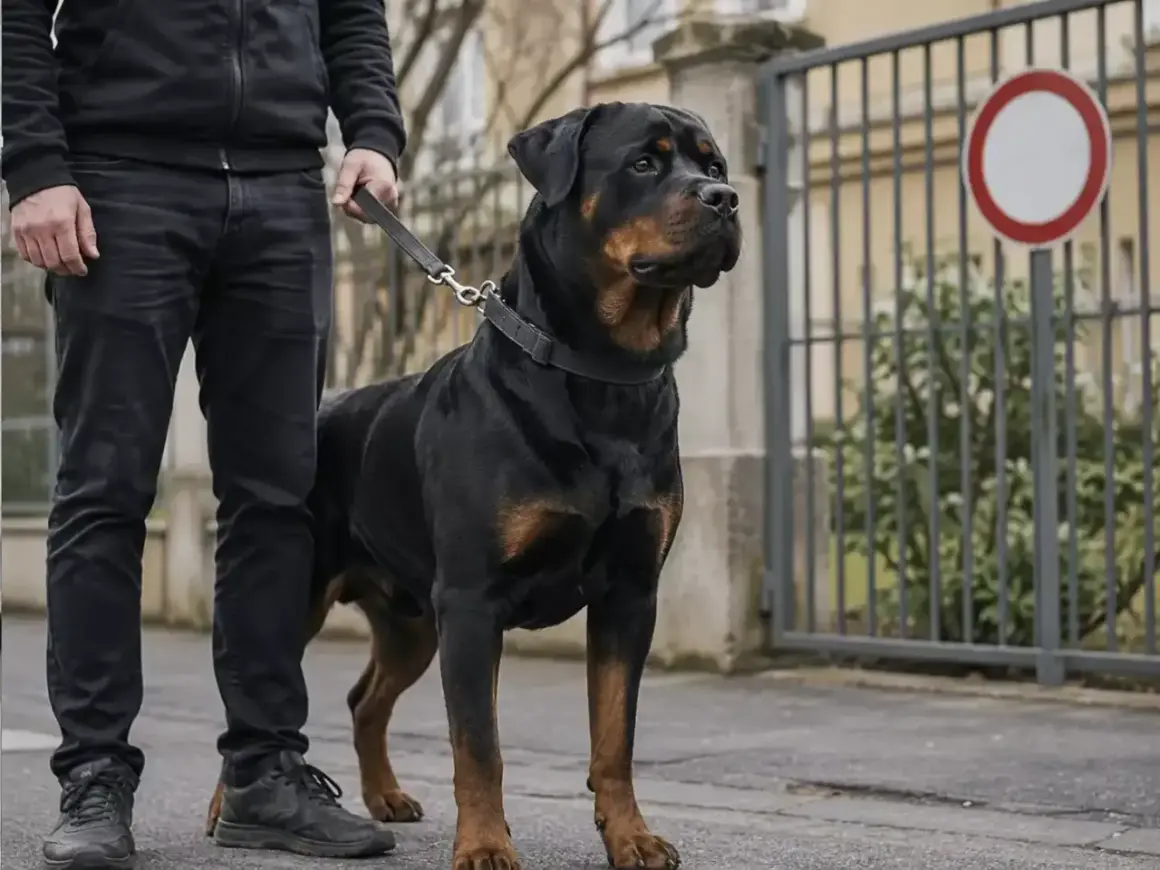 Un imposant Rottweiler, fier représentant de sa catégorie, se tient en laisse aux côtés de son maître.