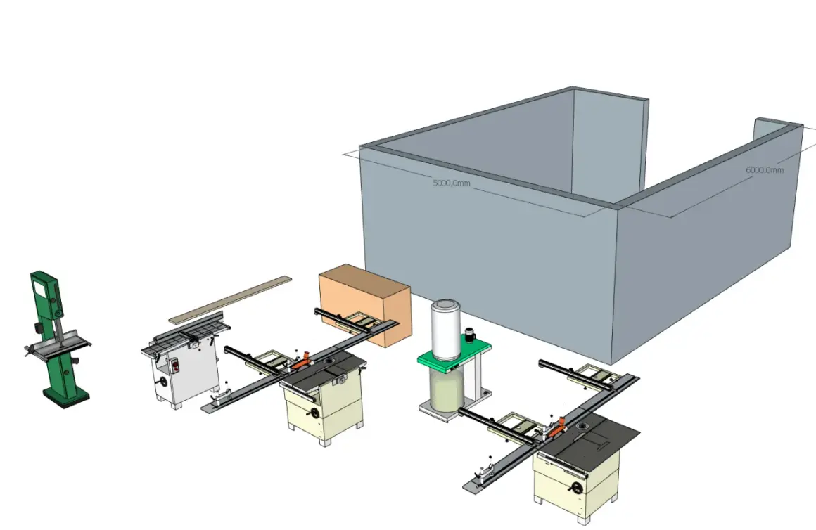 Vue 3D d'un atelier de menuiserie avec scie à ruban, deux scies de table, une raboteuse et un aspirateur, le tout dans un espace délimité par des murs. Ce **combi3** est prêt à l'emploi.