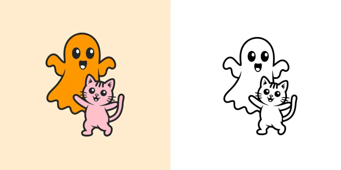Un fantasma arancione e un gattino rosa giocano insieme. Line art per creare cose di Halloween da colorare.