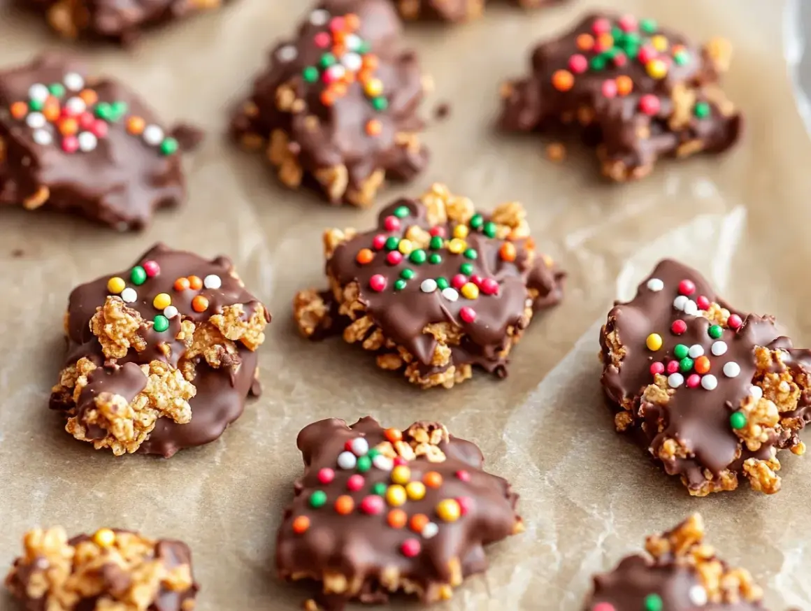 Roligt julgodis barn älskar! Krispiga chokladkakor med färgglada strössel, perfekta för julfikat.