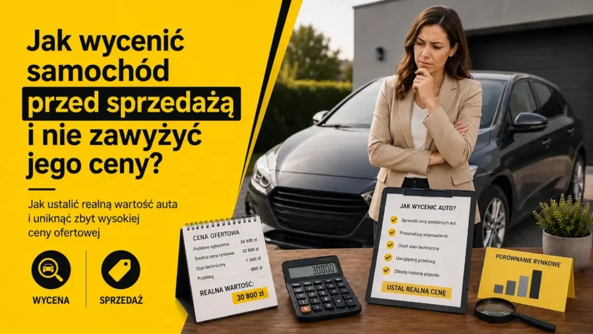 Kobieta zastanawia się, jak sprawdzić wartość rynkową pojazdu. Na stole kalkulator, notatki z cenami i lupa.