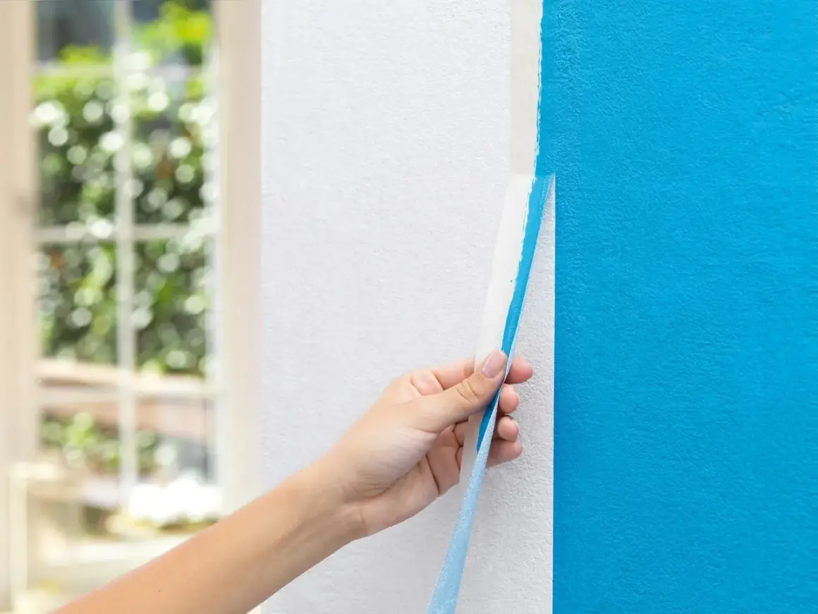 Hand zieht blauen Malerkrepp von weißer Wand ab. Das ist ein wichtiger Schritt, wenn man wissen will, was man zum Streichen braucht.