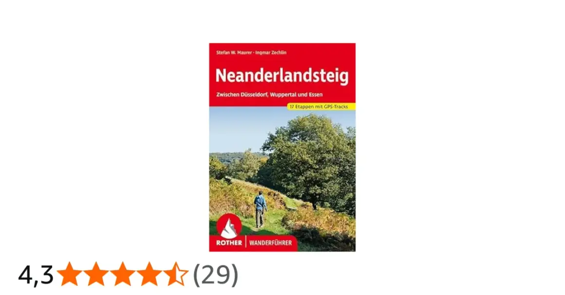Der Wanderführer "Neanderlandsteig" zeigt eine Person auf einem Wanderweg durch eine grüne Landschaft. Er beschreibt 17 Etappen mit GPS-Tracks.