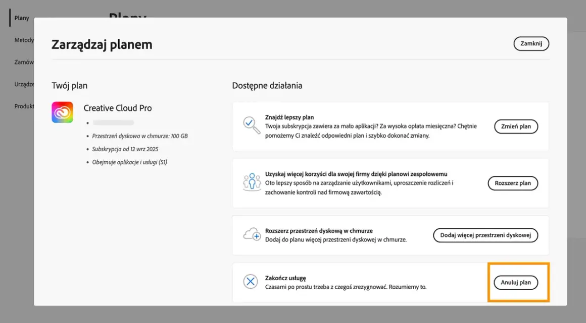 Ekran zarządzania planem Creative Cloud Pro z widocznym przyciskiem "Anuluj plan".