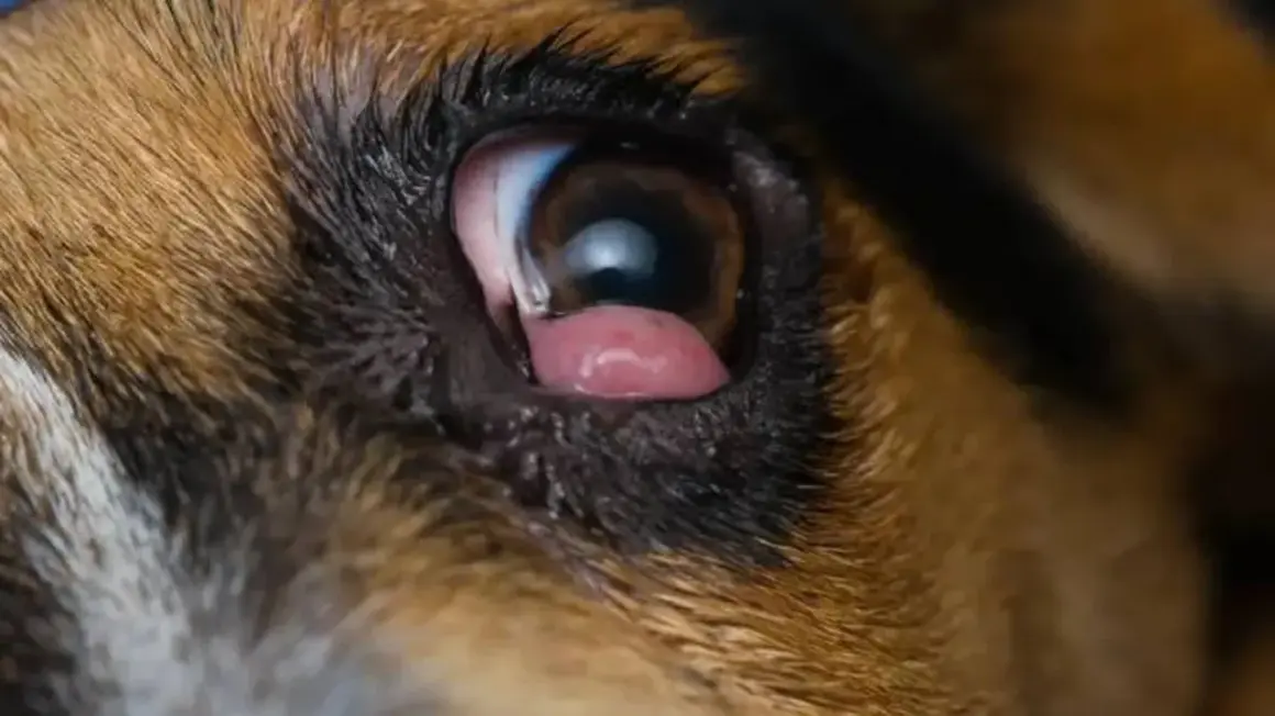 Primer plano del ojo de un perro con conjuntivitis, mostrando los ojos rojos y la membrana nictitante.