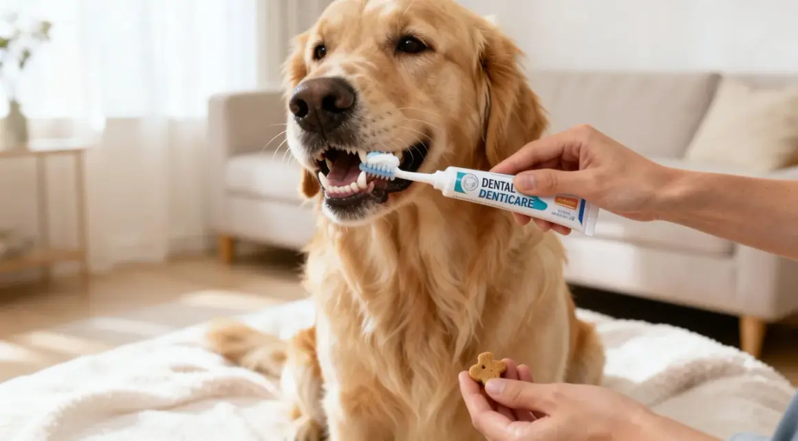 Un Golden Retriever recibe cepillado dental con pasta especial. La higiene dental de los perros es clave para su salud.