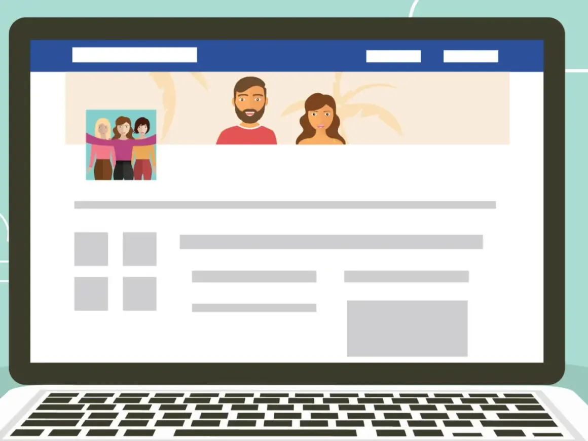 Ilustracja przedstawia ekran laptopa z profilem na Facebooku. Dowiedz się, jak zmienić nazwę strony na FB, aby odświeżyć swój wizerunek.