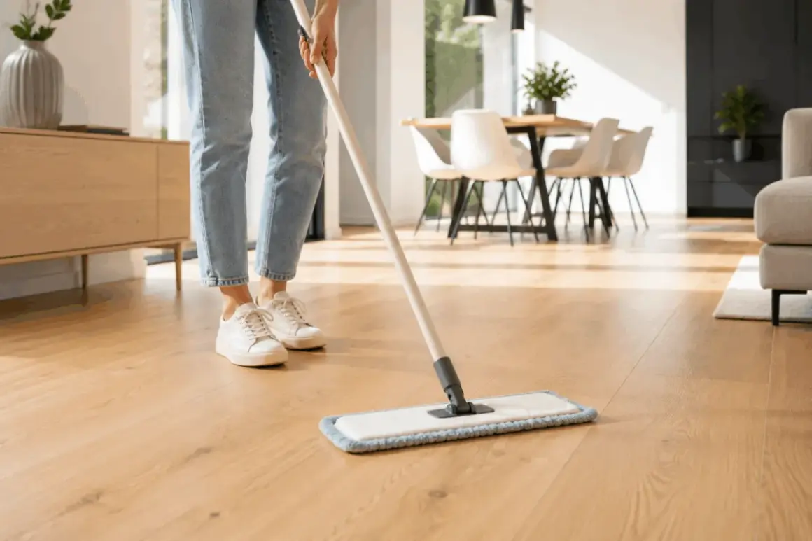 Pulire il parquet con rimedi della nonna, un gesto antico per una casa splendente. La persona pulisce il pavimento in legno con uno straccio.
