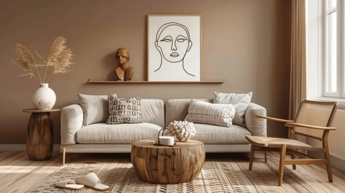 Gemütliches Wohnzimmer mit beigem Sofa, Holztisch und einem Bild mit abstrakter Frau. Die Farben braun mischen sich harmonisch mit den neutralen Tönen.