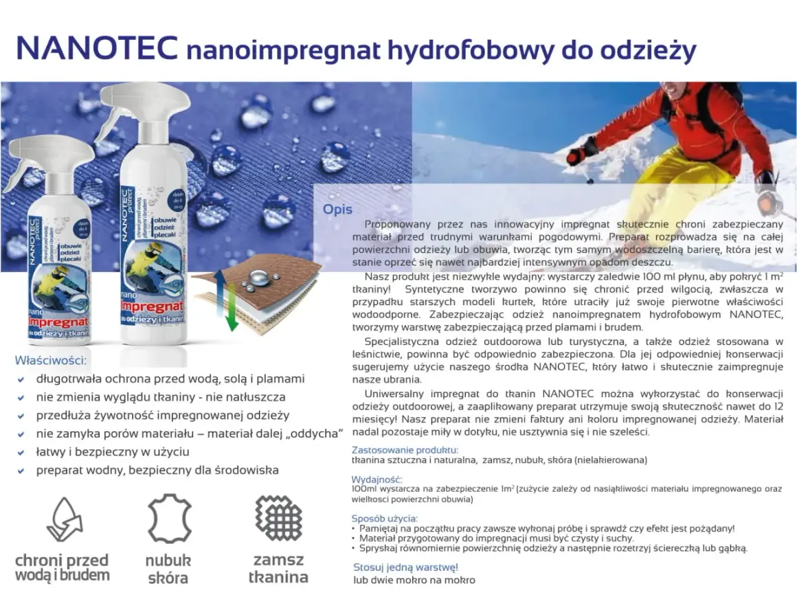 Impregnat do kurtek przeciwdeszczowych NANOTEC chroni odzież przed wodą i plamami, zapewniając jej długotrwałą ochronę.