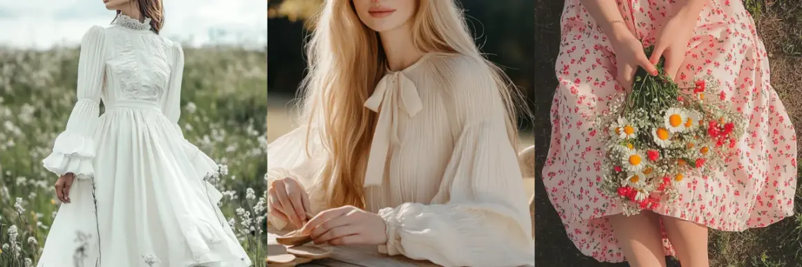 Tres escenas de estilo cottagecore: vestido blanco en campo, blusa crema con lazo, y vestido floral con ramo de margaritas.