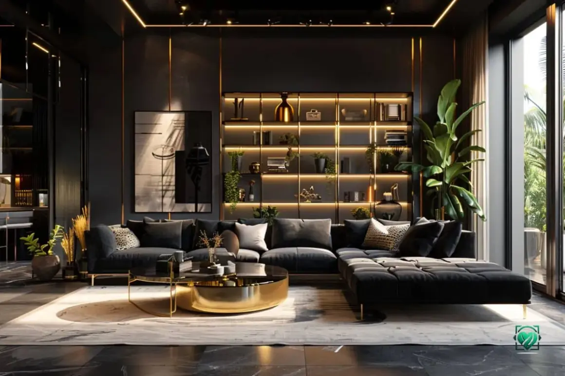 Luxuriöses Wohnzimmer mit schwarzer Wand gestalten. Goldene Akzente und Beleuchtung setzen die Regale in Szene. Ein großes Sofa lädt zum Entspannen ein.