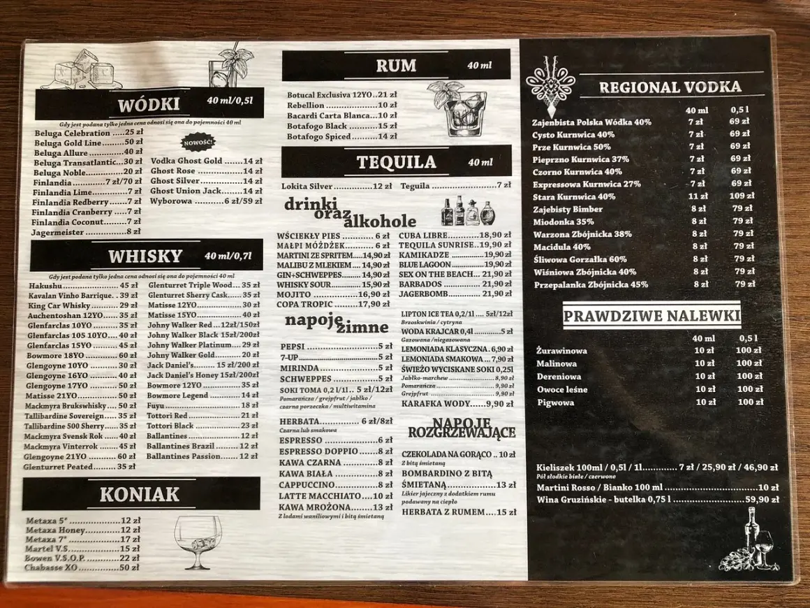 Menu z napojami, w tym wódki, whisky, koniak, rum, tequila, regionalne wódki, nalewki, napoje zimne i gorące. Wśród nich znajdziemy m.in. wódkę Krajcar.
