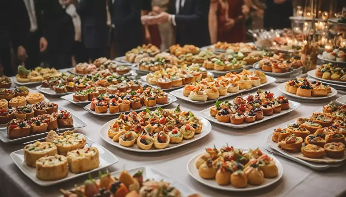Stół uginający się od przekąsek w stylu a la carte: tartaletki, kanapeczki i mini quiche.