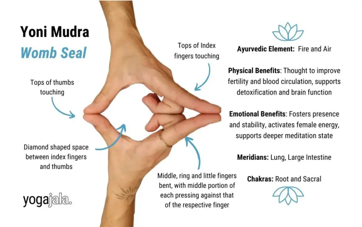 Manos formando el Yoni Mudra, "Sello del Útero". Dedos índices y pulgares unidos, creando un espacio romboidal. Beneficios para fertilidad y meditación.