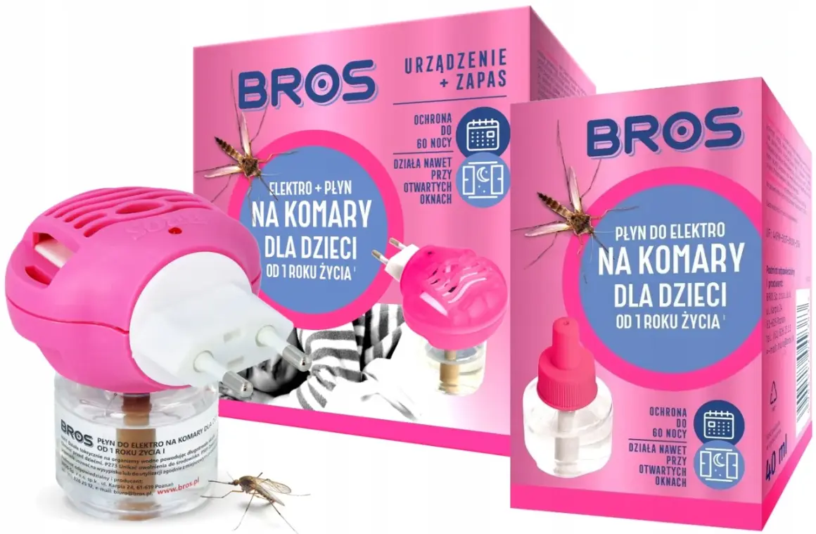 Różowe urządzenie BROS z płynem do kontaktu to bros do kontaktu dla dzieci, zapewniające ochronę przed komarami od 1 roku życia.