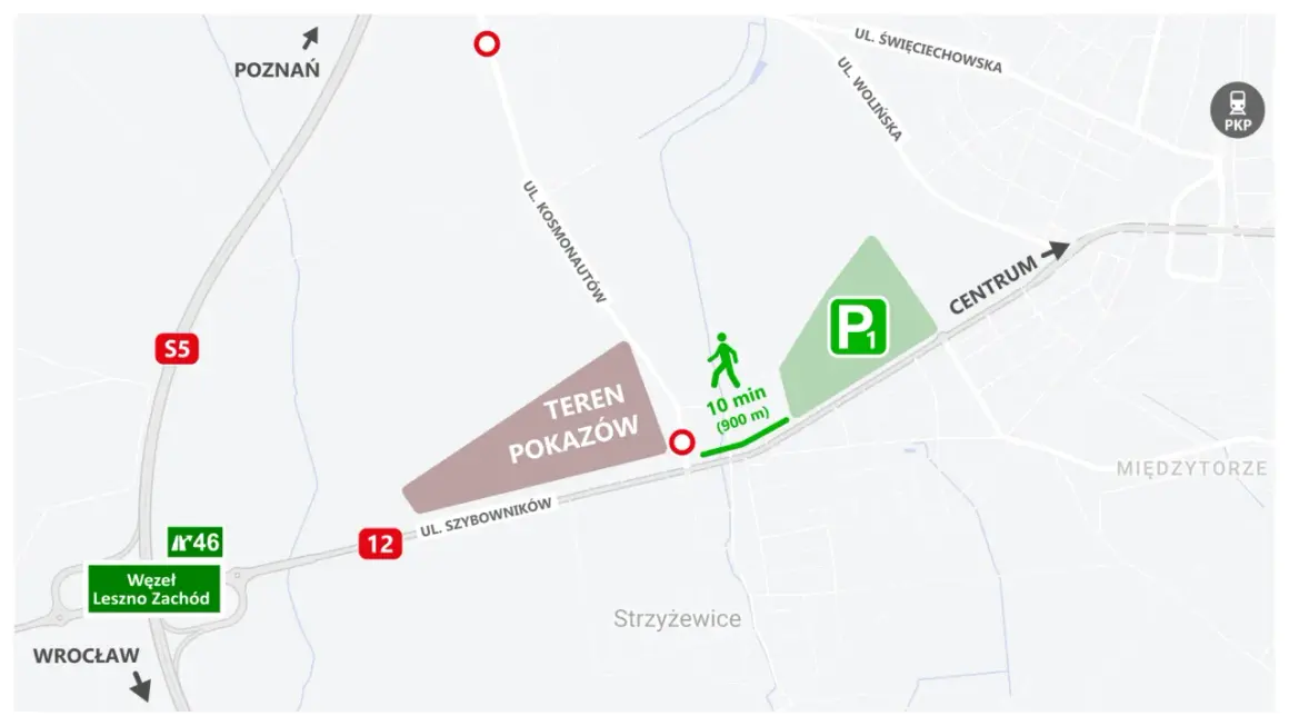 Mapa dojazdu na pokazy lotnicze Leszno. Parking P1 i teren pokazów blisko ul. Szybowników. Dojazd S5, 12.