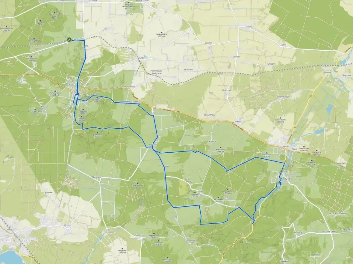 Trasa rowerowa Olsztyn: mapa z zaznaczonymi ścieżkami przez lasy i wsie, prowadząca przez malownicze tereny.