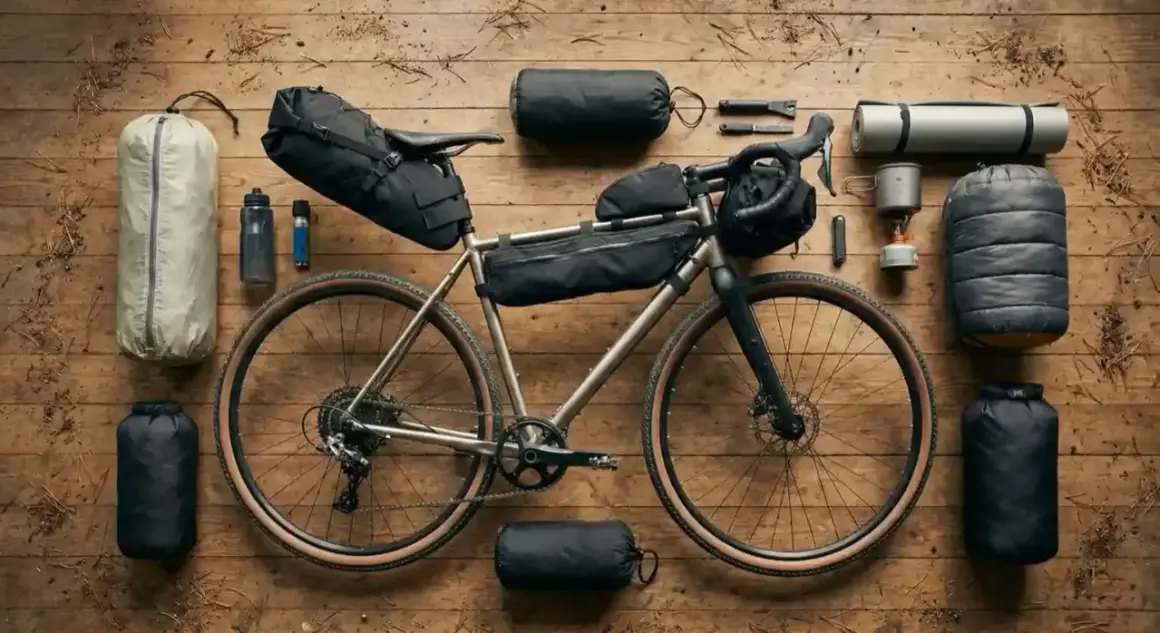 Gravelbike mit Packtaschen, Schlafsack, Isomatte und Kocher bereit für ein Abenteuer im **bike packing**.
