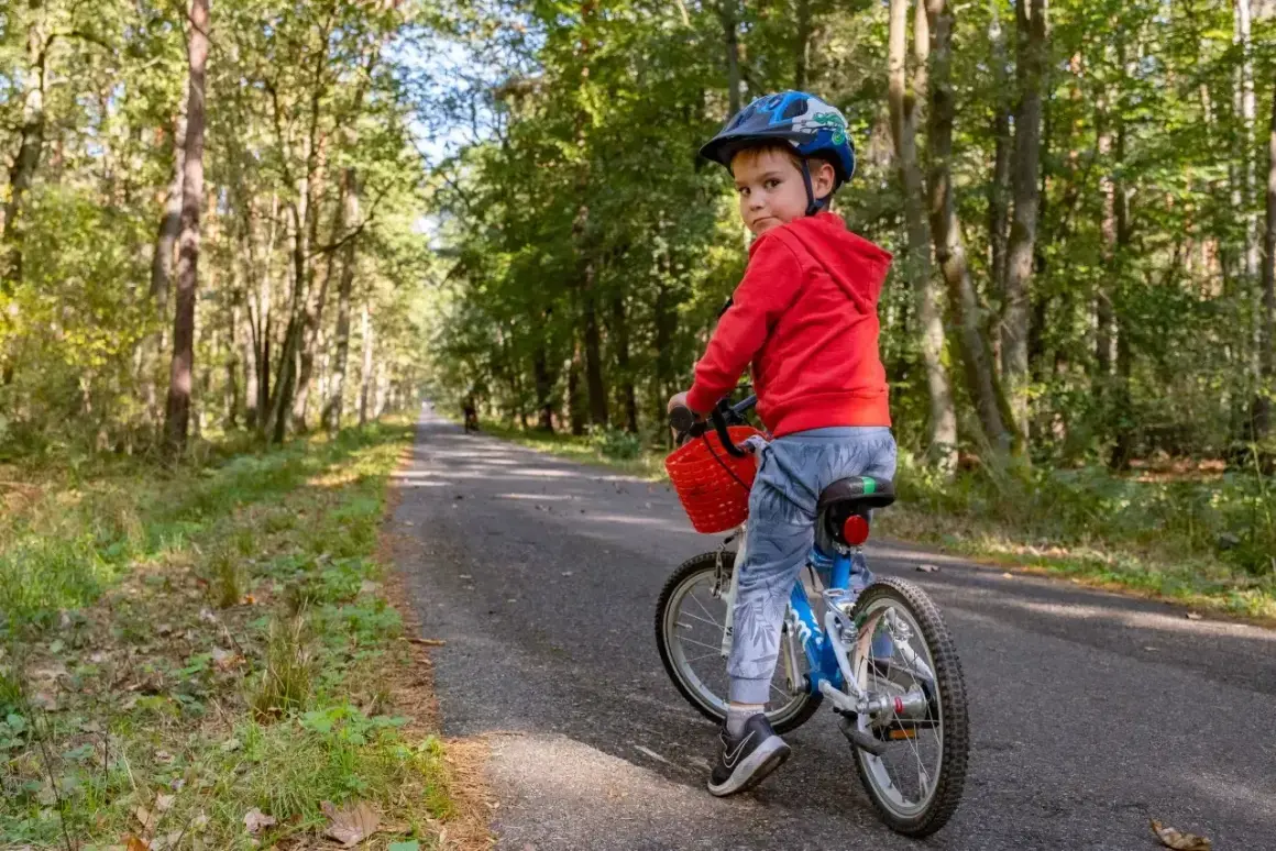 Chłopiec w kasku na rowerze na leśnej trasie rowerowej w Niepołomicach.