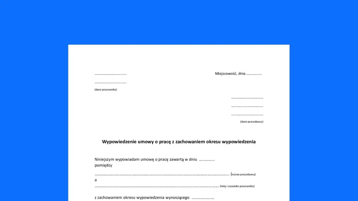 Formularz wypowiedzenia umowy o pracę na czas określony. Dokument zawiera pola na dane pracownika i pracodawcy oraz treść oświadczenia o wypowiedzeniu.