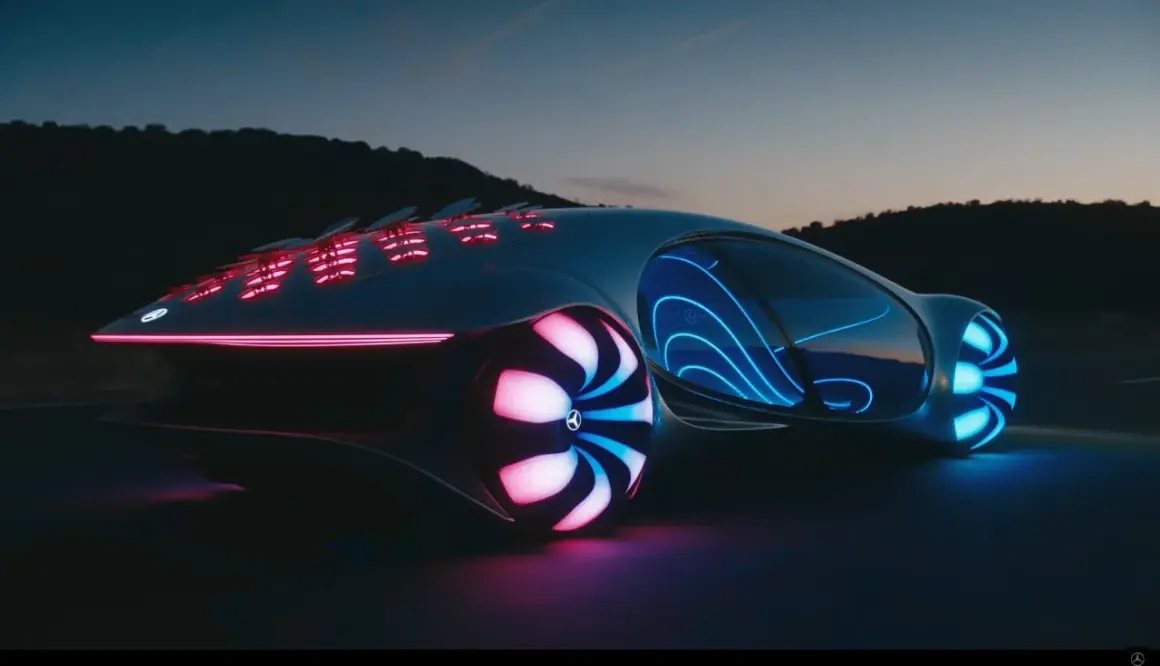 Futurystyczny Mercedes Vision AVTR z neonowymi światłami i podświetlanymi kołami, gotowy na nocną podróż.