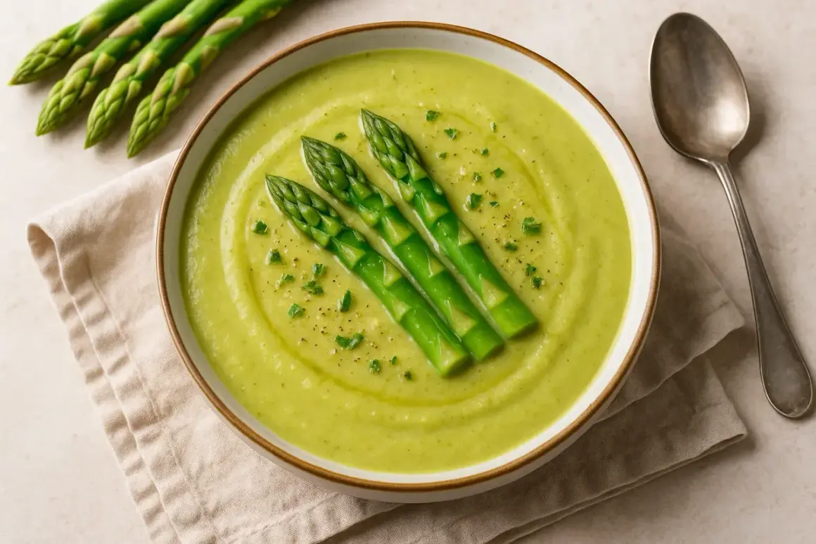 Crema di asparagi vellutata, perfetta come condimento per la pasta. Tre asparagi freschi decorano la ciotola.