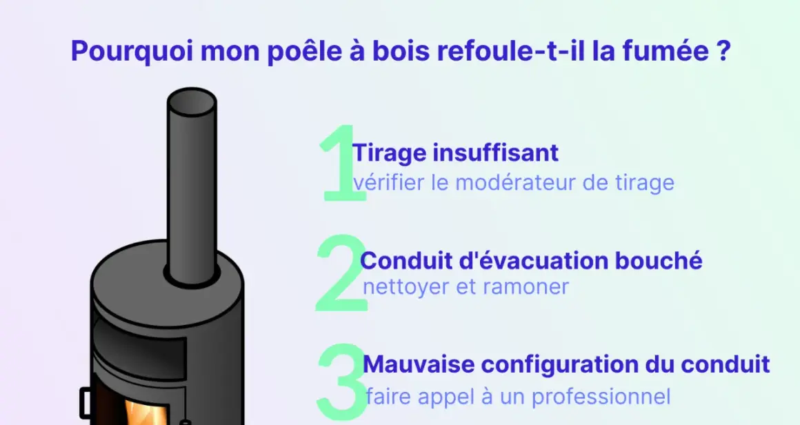 Illustration d'un poêle à bois avec des conseils pour résoudre les problèmes de tirage insuffisant, de conduit bouché ou de mauvaise configuration.