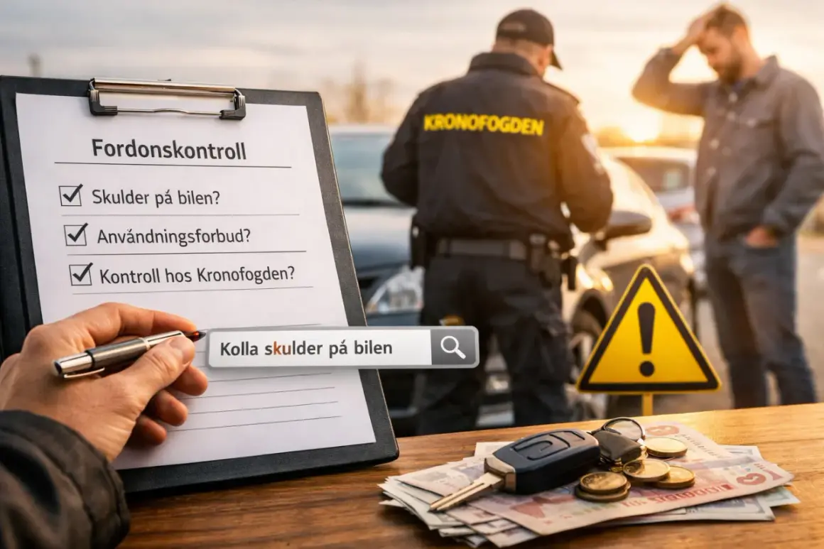 En hand skriver "Kolla skulder på bilen" på en checklista för fordonskontroll. I bakgrunden syns en polis från Kronofogden och en orolig bilförare.