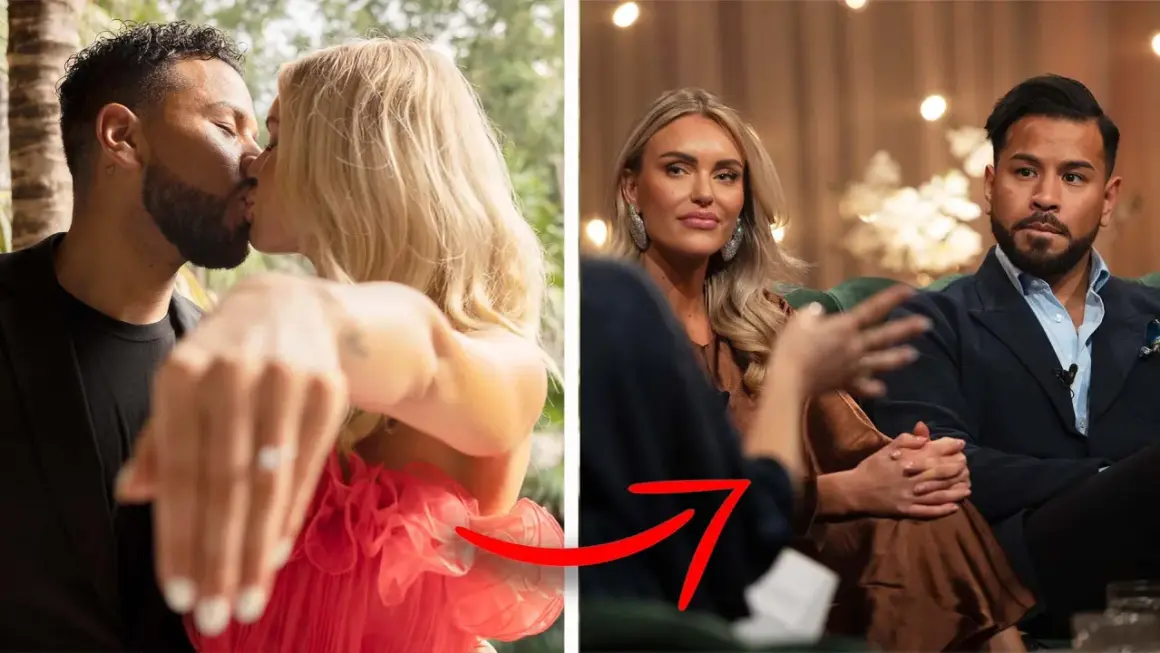 Kärlek och drama i Bachelor in Paradise Sverige. Ett par kysser varandra, en ring syns på hennes finger. På höger sida sitter ett annat par, redo för samtal.