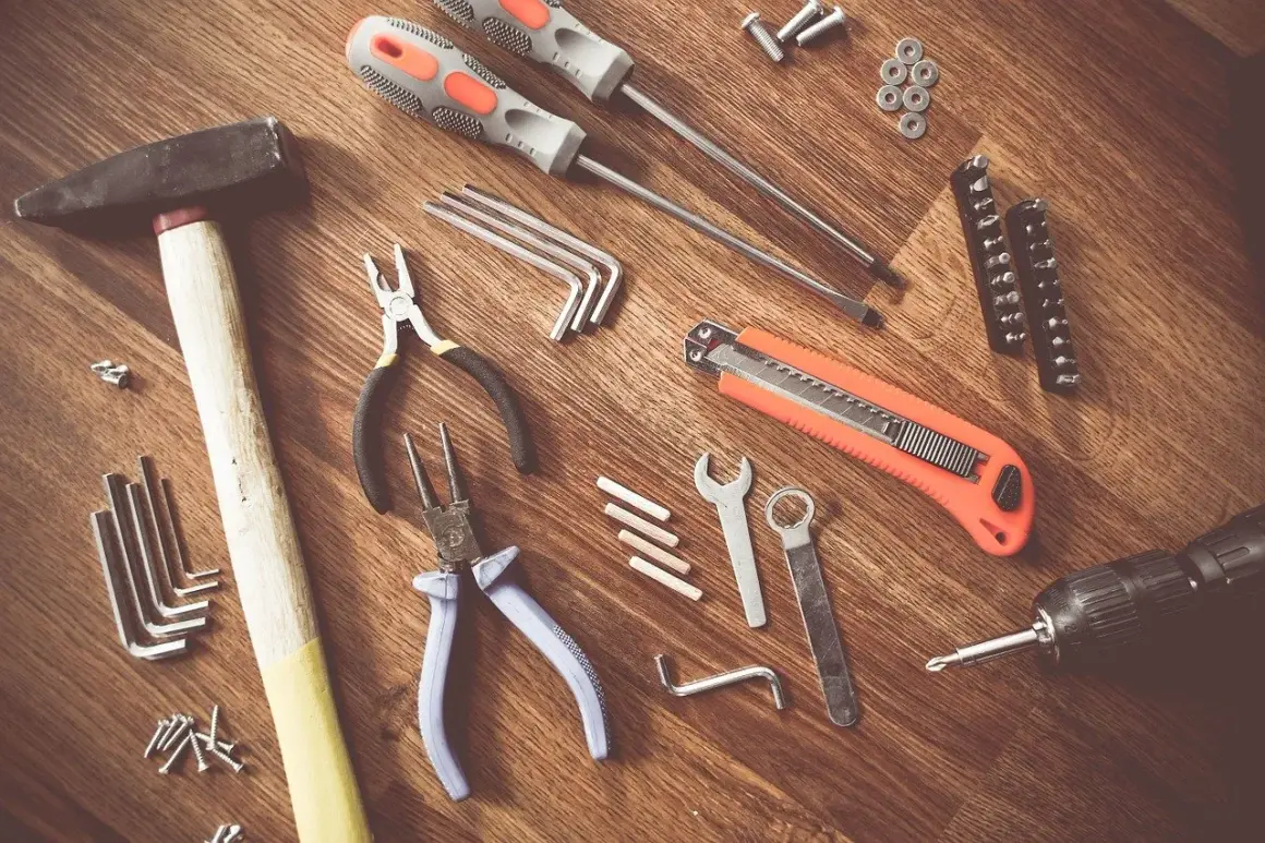 Un marteau, des tournevis, des pinces, une lame rétractable, des clés Allen et une perceuse : tous ces nom d'outils de bricolage sont prêts pour un projet.