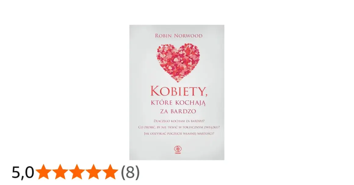 Okładka książki Robin Norwood "Kobiety, które kochają za bardzo". Pomaga zrozumieć przyczyny nadmiernego zaangażowania w związki i odzyskać poczucie własnej wartości.