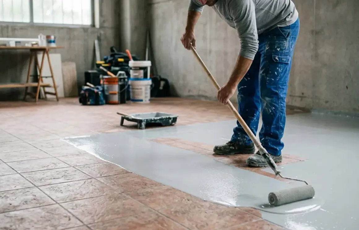 Uomo stende vernice grigia con rullo, passo fondamentale per come pavimentare un garage.