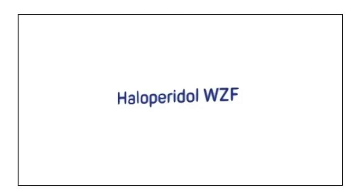 Napis "Haloperidol WZF" na białym tle. Lek ten stosuje się w leczeniu schizofrenii i innych psychoz.