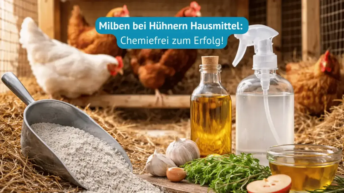 Hühner im Stall mit Hausmitteln gegen Milben: Kalk, Öl, Knoblauch und Kräuter für eine natürliche Behandlung.
