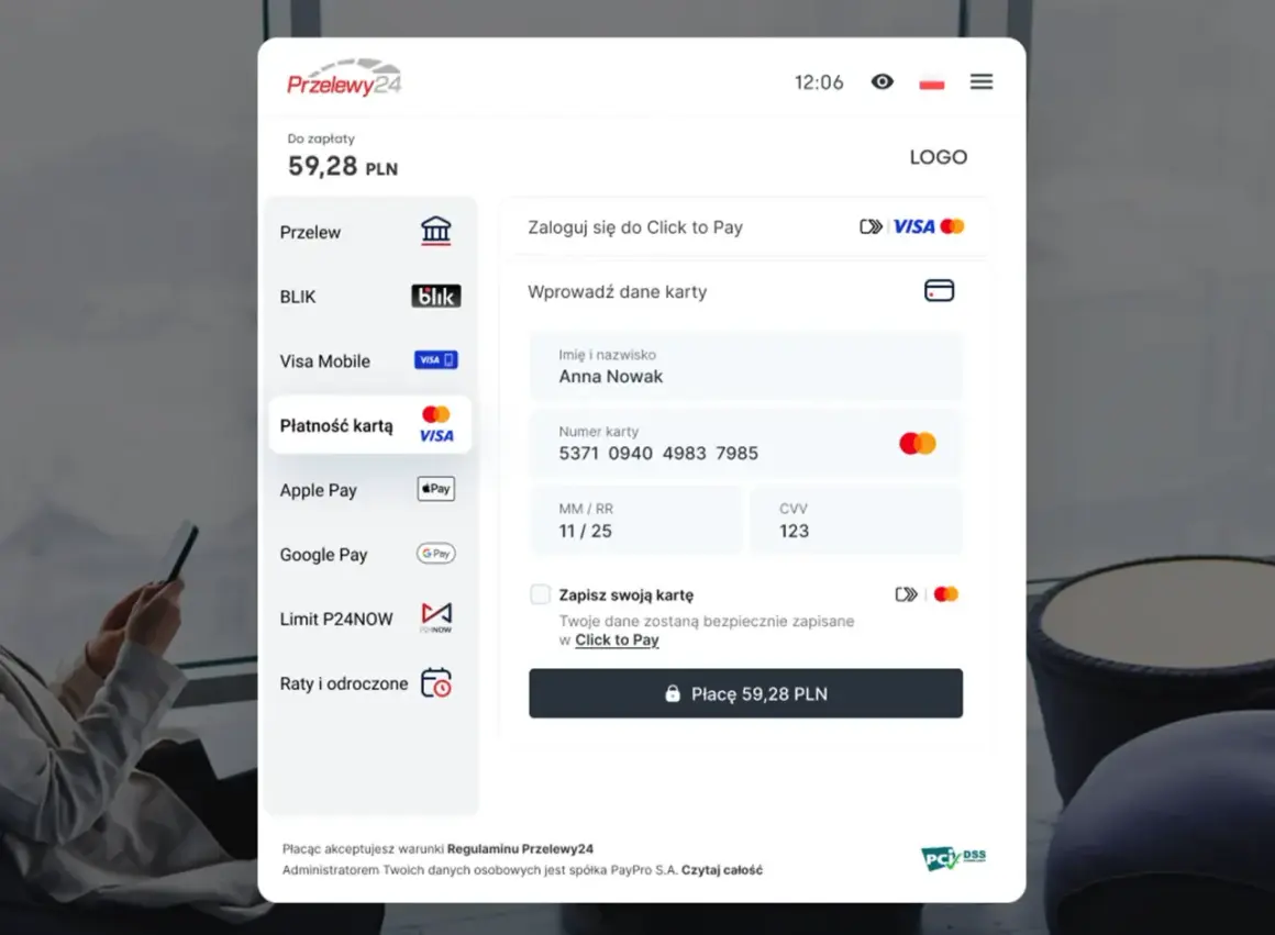 Zaloguj się do Click to Pay, aby zapłacić 59,28 PLN kartą Visa Anny Nowak.