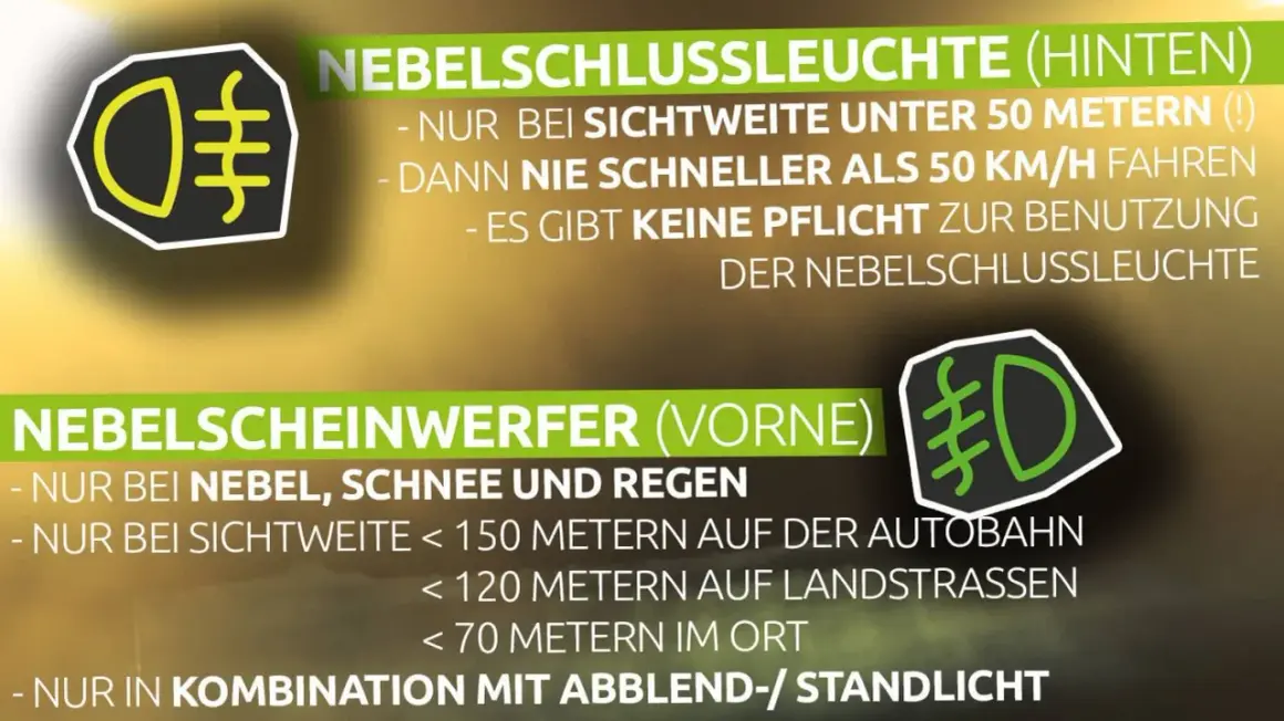 Informationen zu Nebelscheinwerfer und Nebelschlussleuchte. Nebelscheinwerfer sind bei schlechter Sicht Pflicht, wenn die Sichtweite unter 150 Meter fällt.