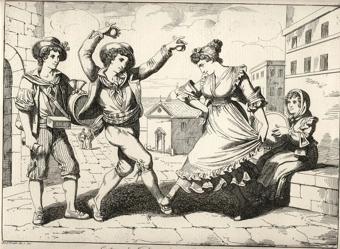 Giovani napoletani danzano con castagnette e tamburello, un'immagine che evoca i detti napoletani e la vivacità della cultura locale.