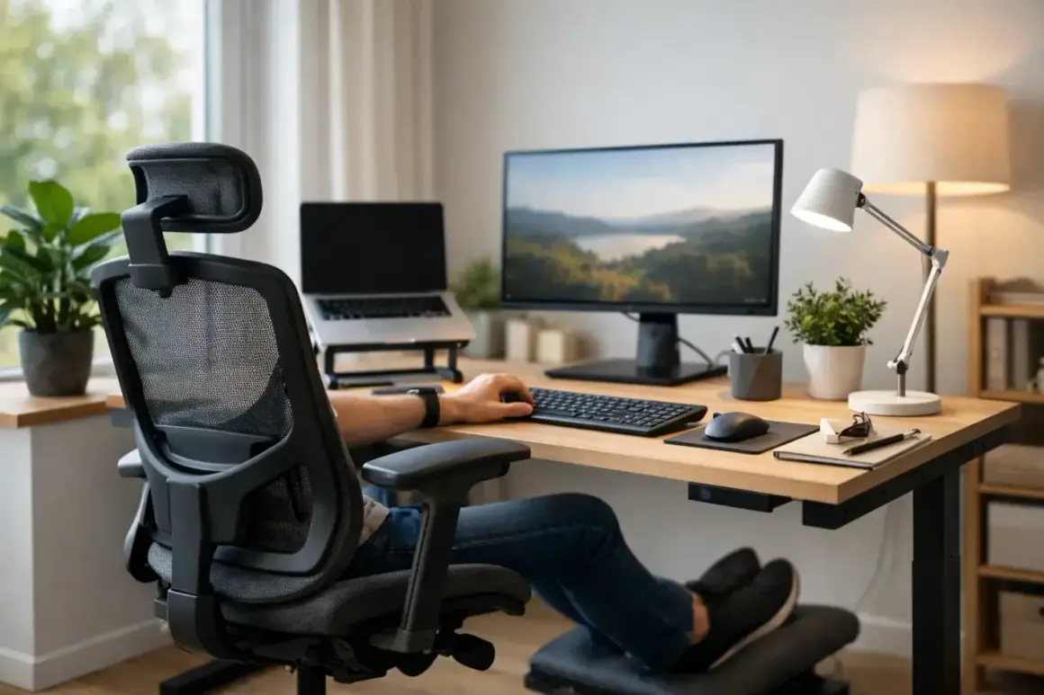 Gemütlicher homeoffice platz mit ergonomischem Stuhl, Laptop, Monitor und Schreibtischlampe.