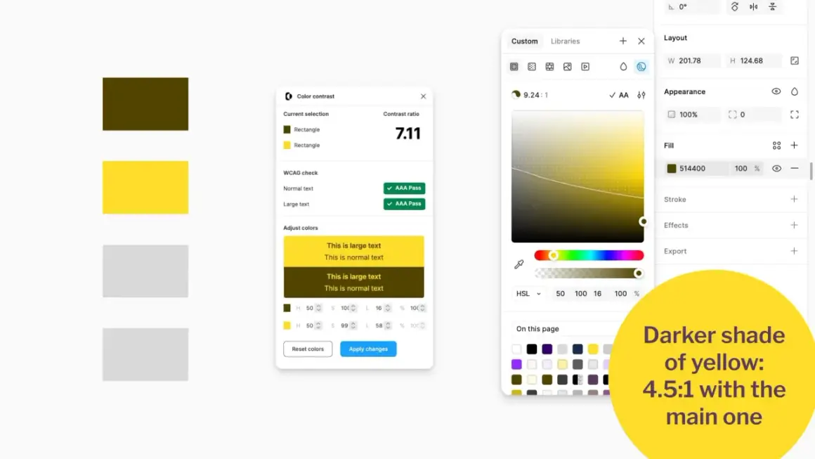 A color contrast checker shows a lemon yellow rectangle and a darker shade of yellow, with a contrast ratio of 7.11.