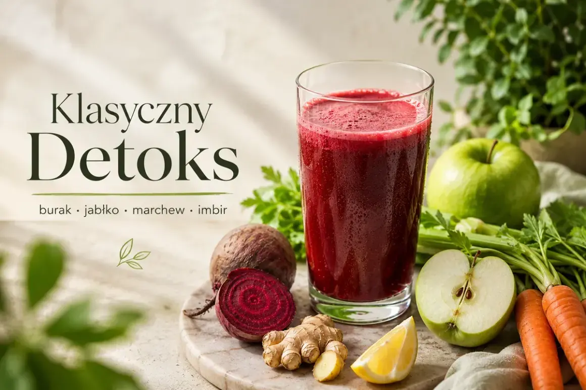Klasyczny detoks: sok z buraka, jabłka, marchwi i imbiru. Odkryj jego właściwości.